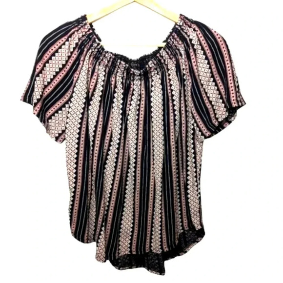 LOFT Womens Boho Striped Scoop Neck/Off the Shoulder Smocked Striped Top Size M - Picture 1 of 12